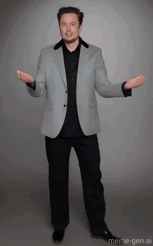 Man Outstretched Arms Grey Jacket Black Shirt Meme-gen.ai Logo