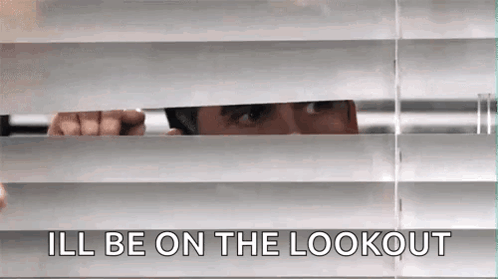Man Peeking Blinds Saying Ill Be On Lookout