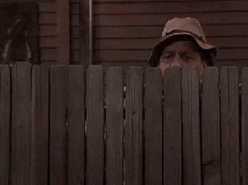Man Peeking Over Wooden Fence Wearing Hat