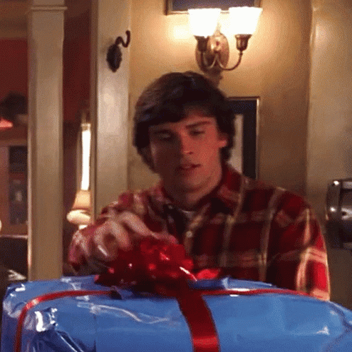 Man Plaid Shirt Puts Red Bow Blue Box