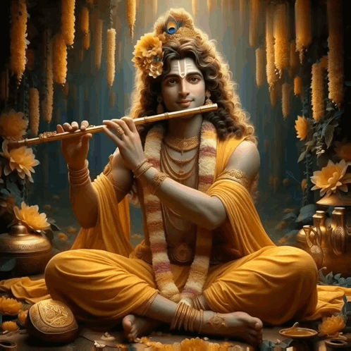 Man Playing Flute With Yellow Flowers GIF