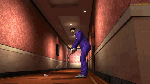 Man Playing Golf in Living Room While Another Watches