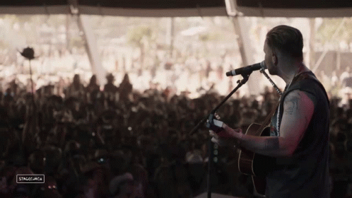 Man Playing Guitar in Front of Crowd