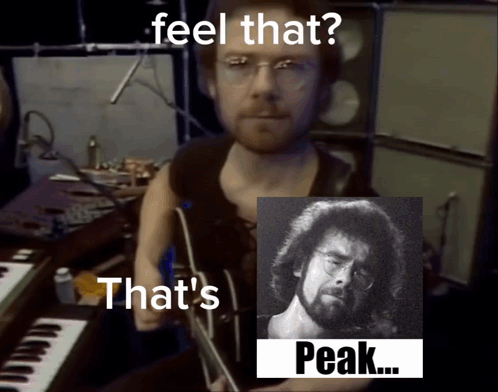 Man Playing Guitar Next To Portrait Saying Feel That And That's Peak GIF