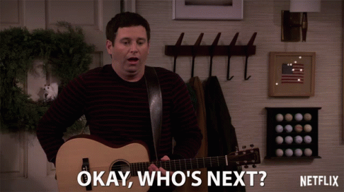 Man Playing Guitar Saying Okay Who's Next GIF