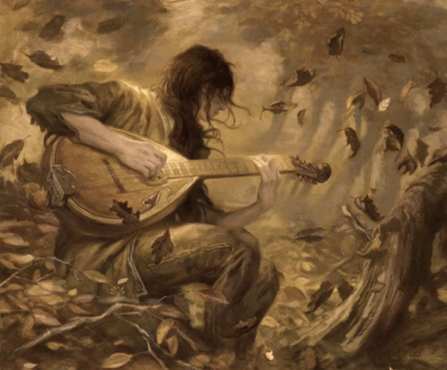 Man Playing Guitar With Leaves Flying GIF
