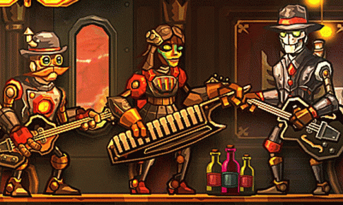 Man Playing Keyboard and Two Robots Playing Guitars