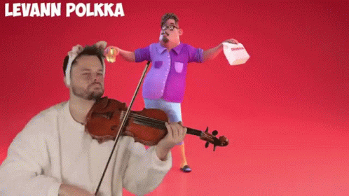 Man Playing Violin on Red Background with Levann Polkka