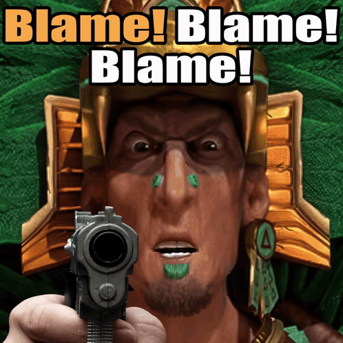 Man Pointing Gun at Camera With Blame Behind