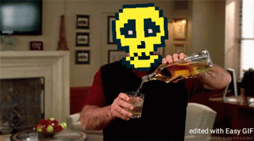 Man Pouring Drink With Pixelated Skull on Head