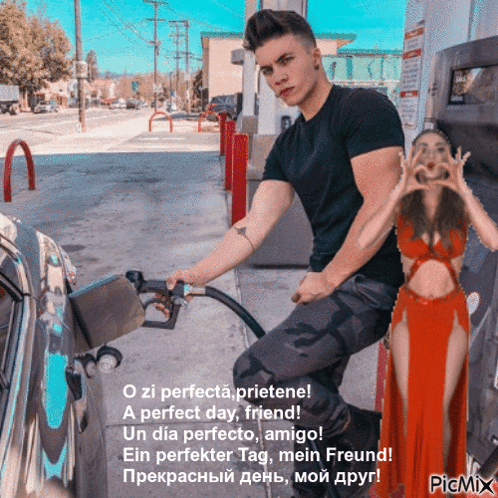 Man Pumping Gas Woman Making Heart