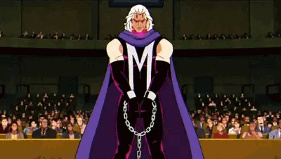 Man Purple Cape and Chains Facing Courtroom Crowd