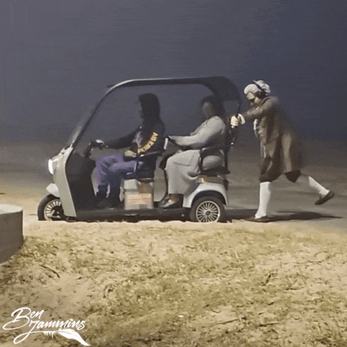 Man Pushing Golf Cart With Two People And Words Ben Jamming GIF