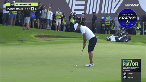 Man Putting Golf Ball on Green with Playoff Banner