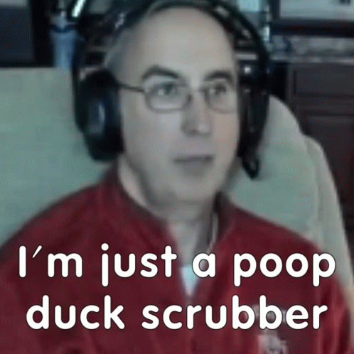 Man Red Shirt Headphones Says Poop Duck Scrubber GIF