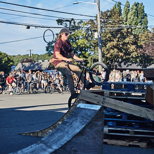 Man Riding Bike On Ramp As Crowd Watches GIF