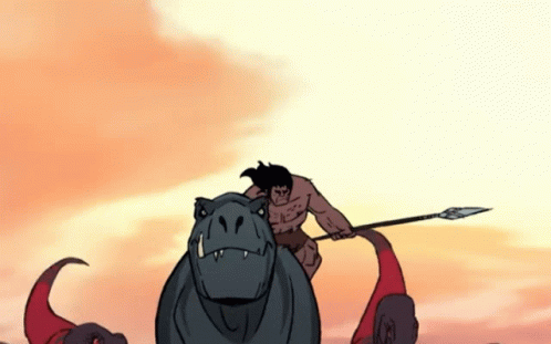 Man Riding Dinosaur With Spear GIF