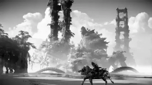 Man Riding Horse In Black And White Video Game GIF