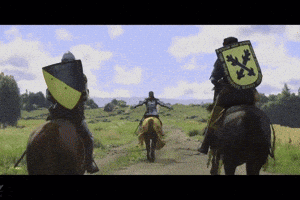Man Riding Horse With Yellow and Black Shield
