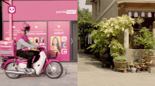 Man Riding Motorcycle At Pandamart Store GIF