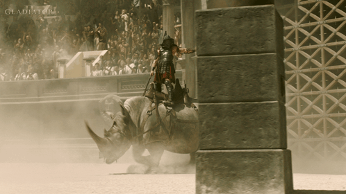 Man Riding Rhino in Arena Saying Gladiator