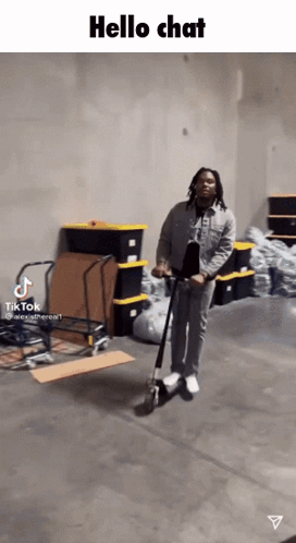 Man Riding Scooter in Warehouse Saying Hello Chat
