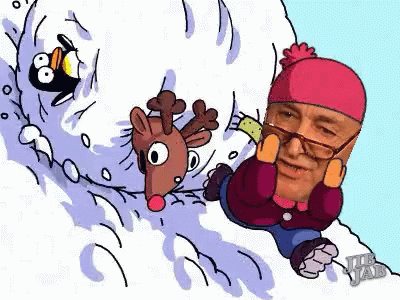 Man Riding Snowy Hill With Reindeer and Penguin