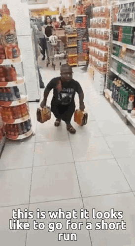 Man Running Down Grocery Store Aisle With Briefcase and Bag