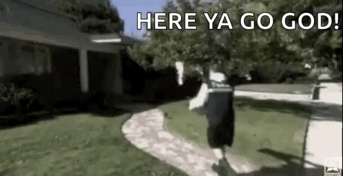 Man Running Down Sidewalk Saying Here Ya Go God GIF