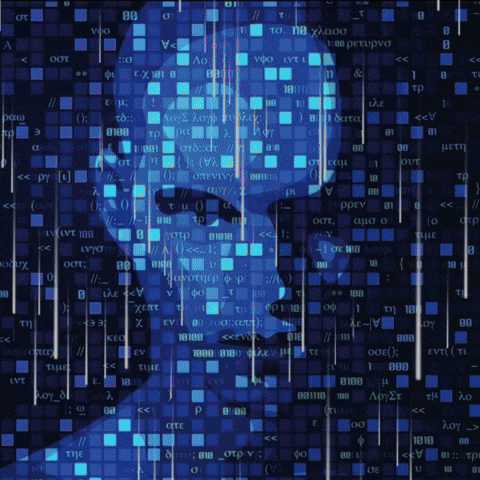 Man's Face Surrounded by Blue Squares and Letters
