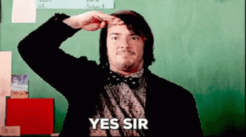 Man Saluting in Front of Yes Sir Board
