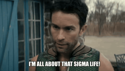 Man Saying I'm All About That Sigma Life In Front Of Blue Door GIF