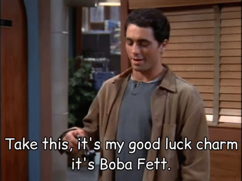 Man Says Take This Boba Fett Good Luck Charm GIF