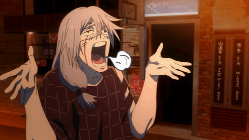 Man Screaming in Front of Kon Sign