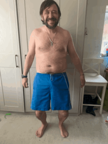 Man Shirtless in Blue Shorts