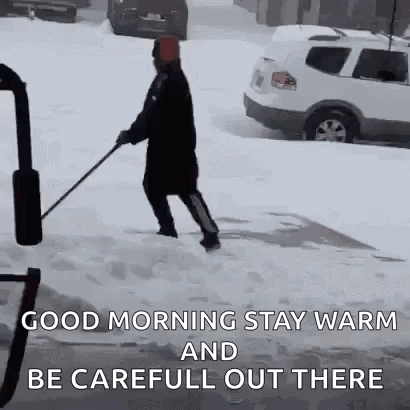 Man Shoveling Snow Beside Parked Car