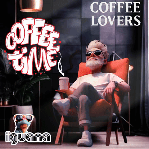 Man Sits in Chair With Cup of Coffee in Front of Coffee Time Sign
