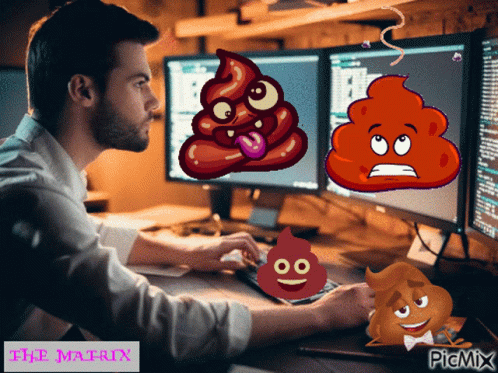 Man Sitting at Computer With Poop Picture