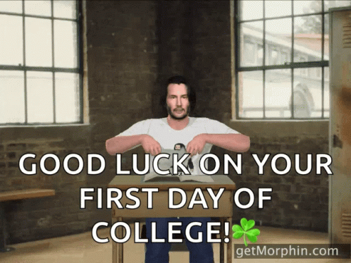 Man Sitting at Desk Good Luck First Day College