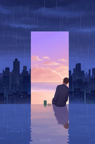 Man Sitting By Water With City Background GIF