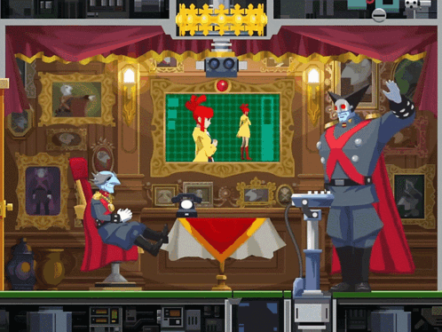 Man Sitting in Chair Monster Standing Before Screen