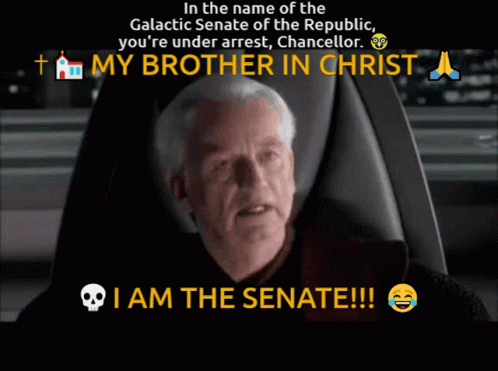 Man Sitting In Chair Saying In The Name Of The Galactic Senate Of The Republic GIF