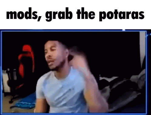 Man Sitting in Front of Screen Saying Mods Grab the Potaras