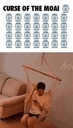 Man Sitting in Hammock Saying Curse of the Moai