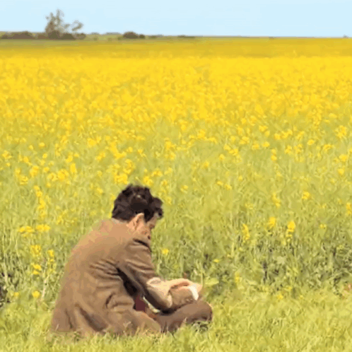 Man Sitting In Yellow Flower Field GIF