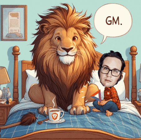 Man Sitting on Bed Next to Lion Saying GM