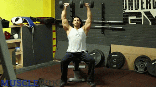 Man Sitting On Bench Holding Dumbbells Under Gym Wall GIF