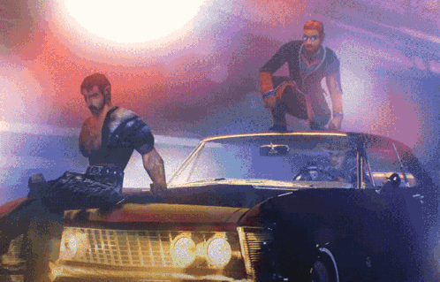 Man Sitting On Car Hood With Another Man Standing On Top GIF