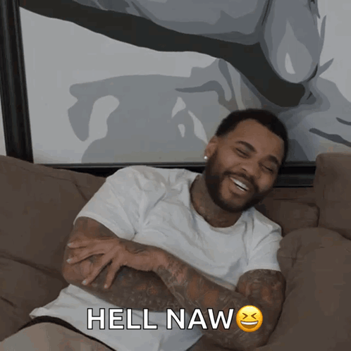 Man Sitting on Couch with Smiley and Hell Naw