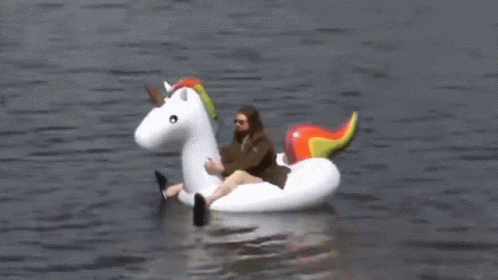Man Sitting on Inflatable Unicorn in Water